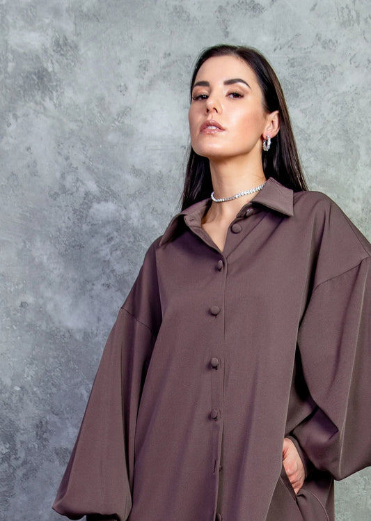Women trouser suit. Fashionable and modern. front pleated trousers.  Women's shirt over size. women's blouses. long sleeve. casual.